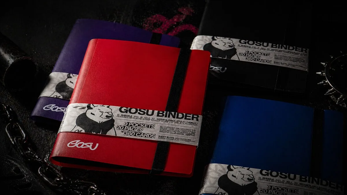 Binders GOSU en rojo, morado y azul sobre fondo oscuro con cadenas